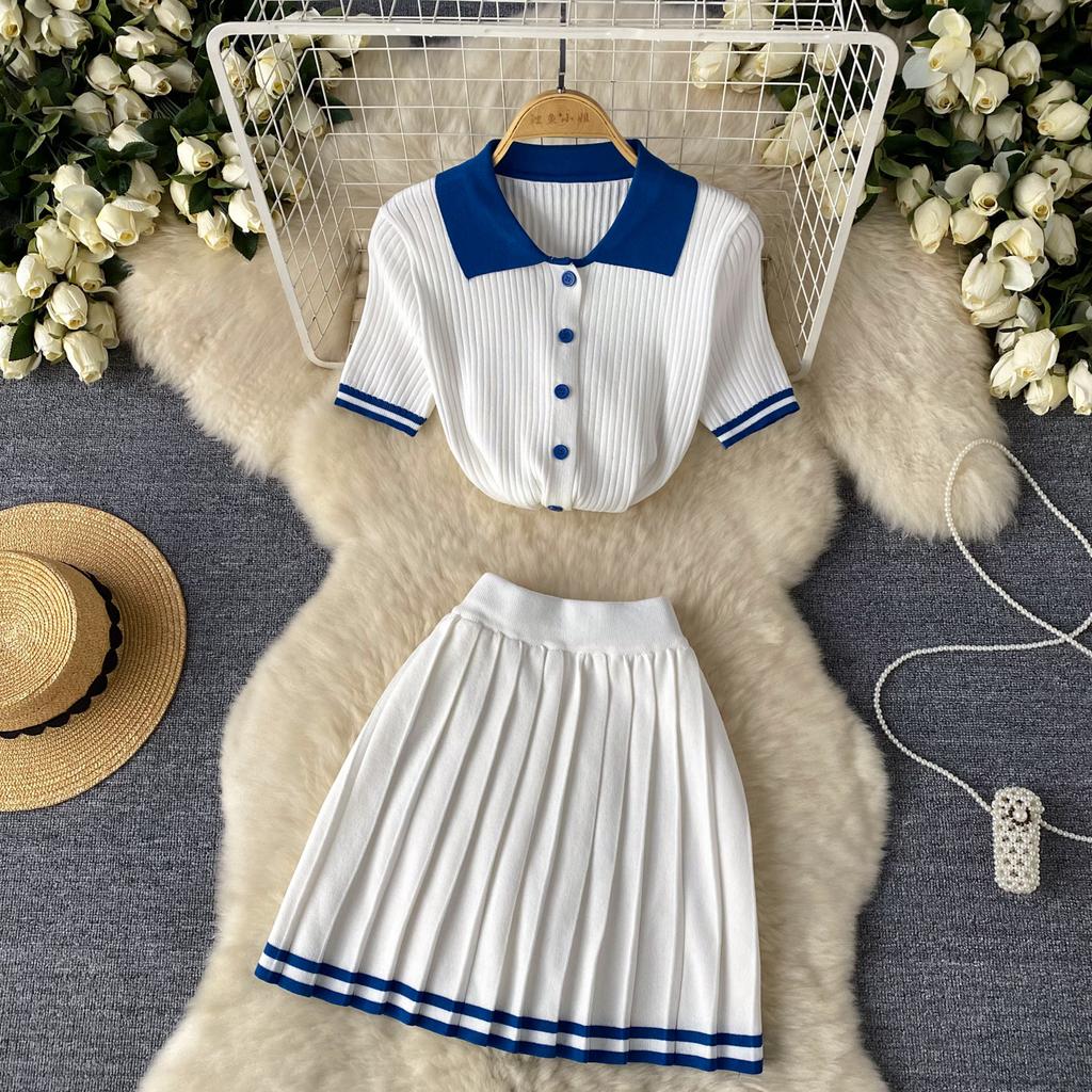Sweet Two 2 Pieces College Set for Women Summer Sexy Polo Collar Short Sleeve Buttons Knit Top and Elastic Waist Mini Pleated Skirt Suits