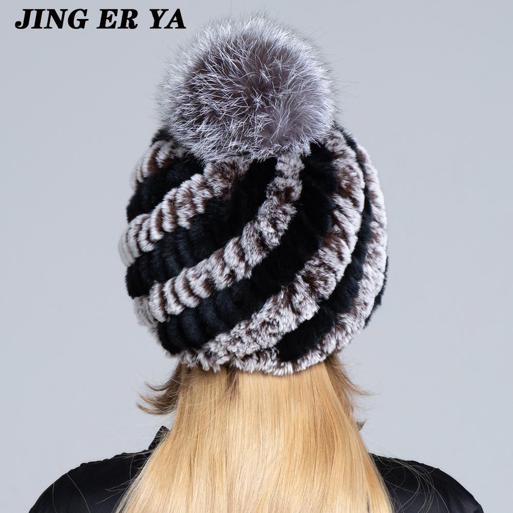 Вязаные шапки с помпоном для женщин, шапочки, однотонные эластичные шапки из меха кролика рекс, зимняя шапка Skullies, модные шапки из натурального меха