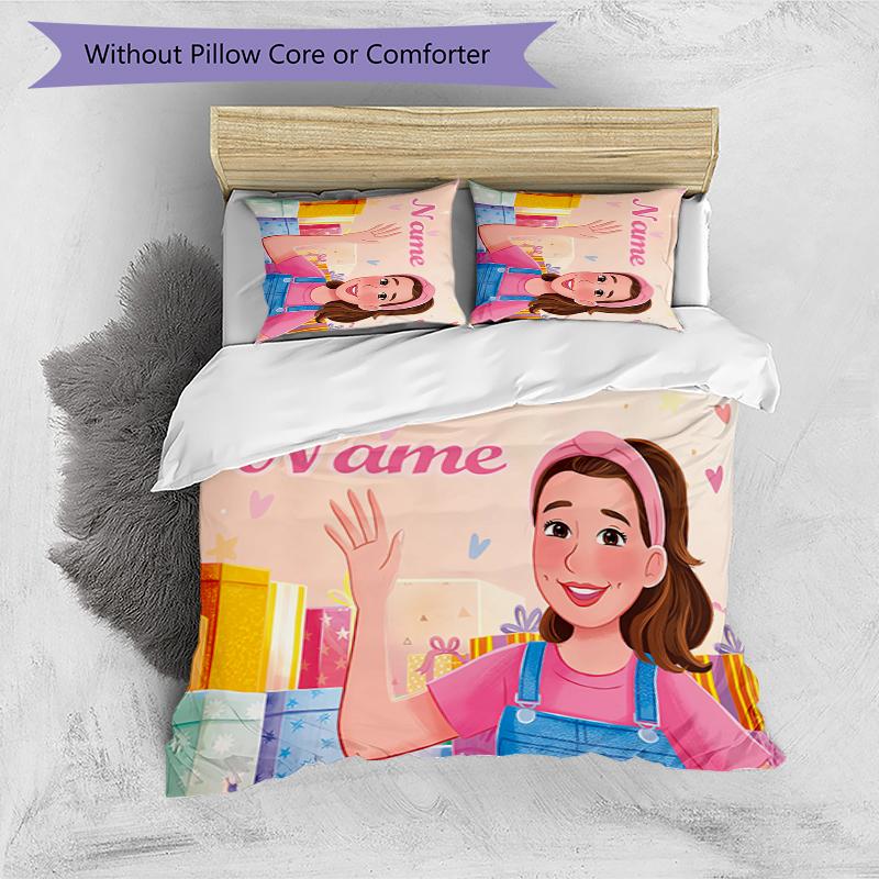 3pcs Custom Name Cartoon Ms. Rachel Bedding Set Duvet Cover Closure Includes 1 Duvet Cover & 2 Pillowcases for All Seasons Bedroom Decor