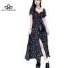 French Square Collar Floral Dress Women's Summer 2024 New Waist Mid-length Slit A-line Long Dress