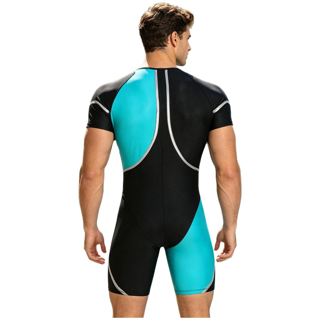 Men‘s Metallic Trim Color Block Swim Jumpsuit Short Sleeve Thigh Length Bodysuit with Back Hidden Zipper for Swimming Training