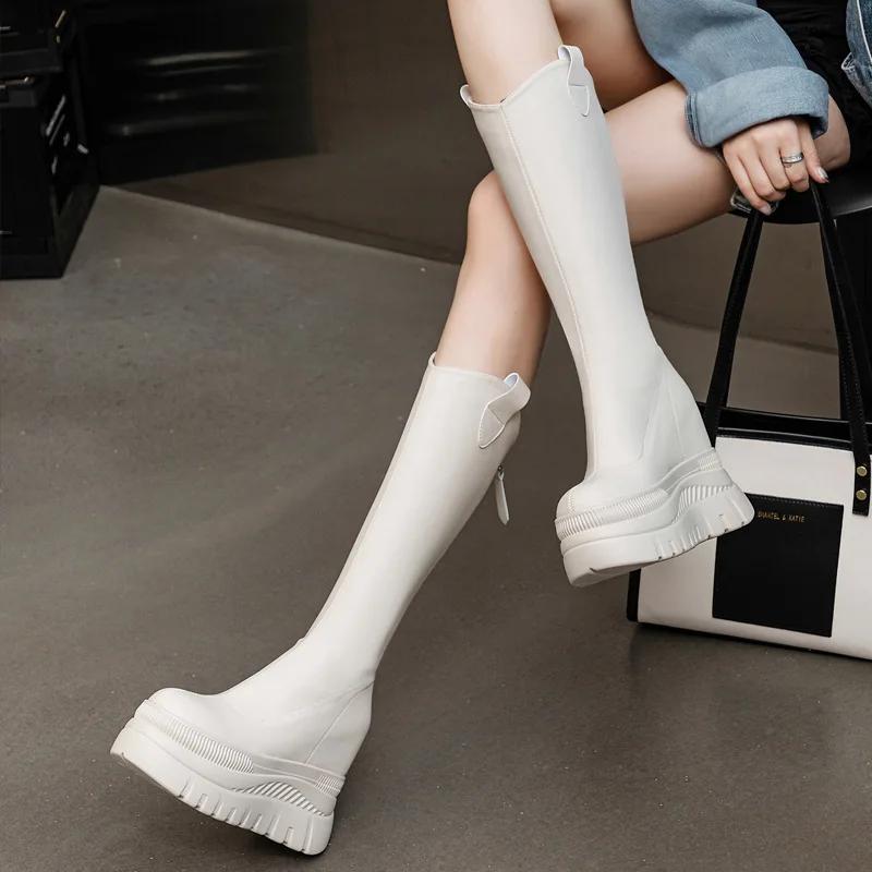 Мода 12 см Микрофибра Кожа Платформа Танкетка До Колена Ботильоны Женские Осенние Слипоны Весенние Труба Скрытый Каблук Поверх Обуви