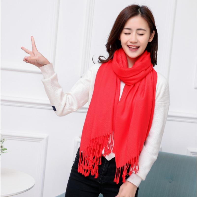 Imitation Cashmere Club Gift Print Lgo Embroidery Solid Color Double-sided Velvet Big Red Scarf Women's Shawl Fashion