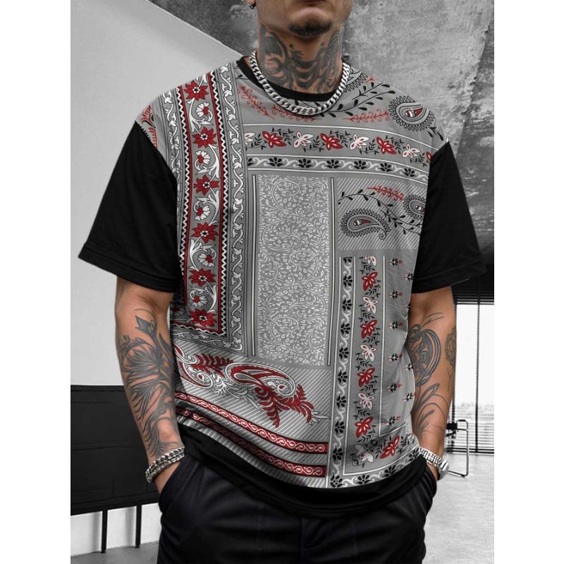 Bohemian Bandana Patterned Short - Sleeve Tops Summer Round Neck 3D Print Fashionable Casual Men's T-shirts