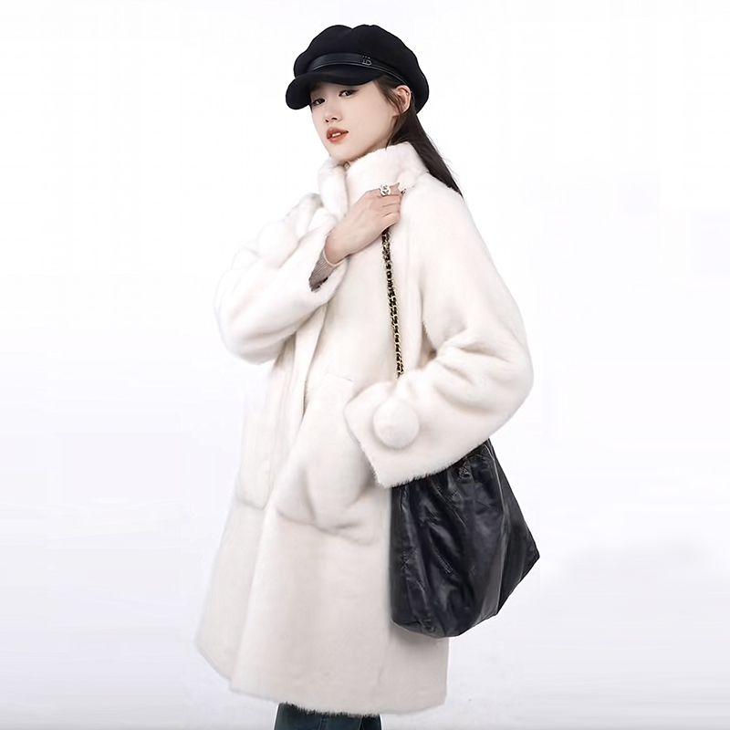 Роскошное женское зимнее пальто с воротником-стойкой и отделкой из меха норки - Длинная шерстяная верхняя куртка