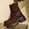 Новые весенние и осенние однотонные модные круглые носки с пряжкой из сетки удобные квадратные каблуки рукава женские короткие сапоги