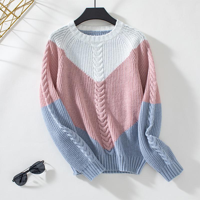 Осень-зима Винтажный свободный топ с длинными рукавами Цветной кардиган Collision Трикотажный свитер с круглым вырезом