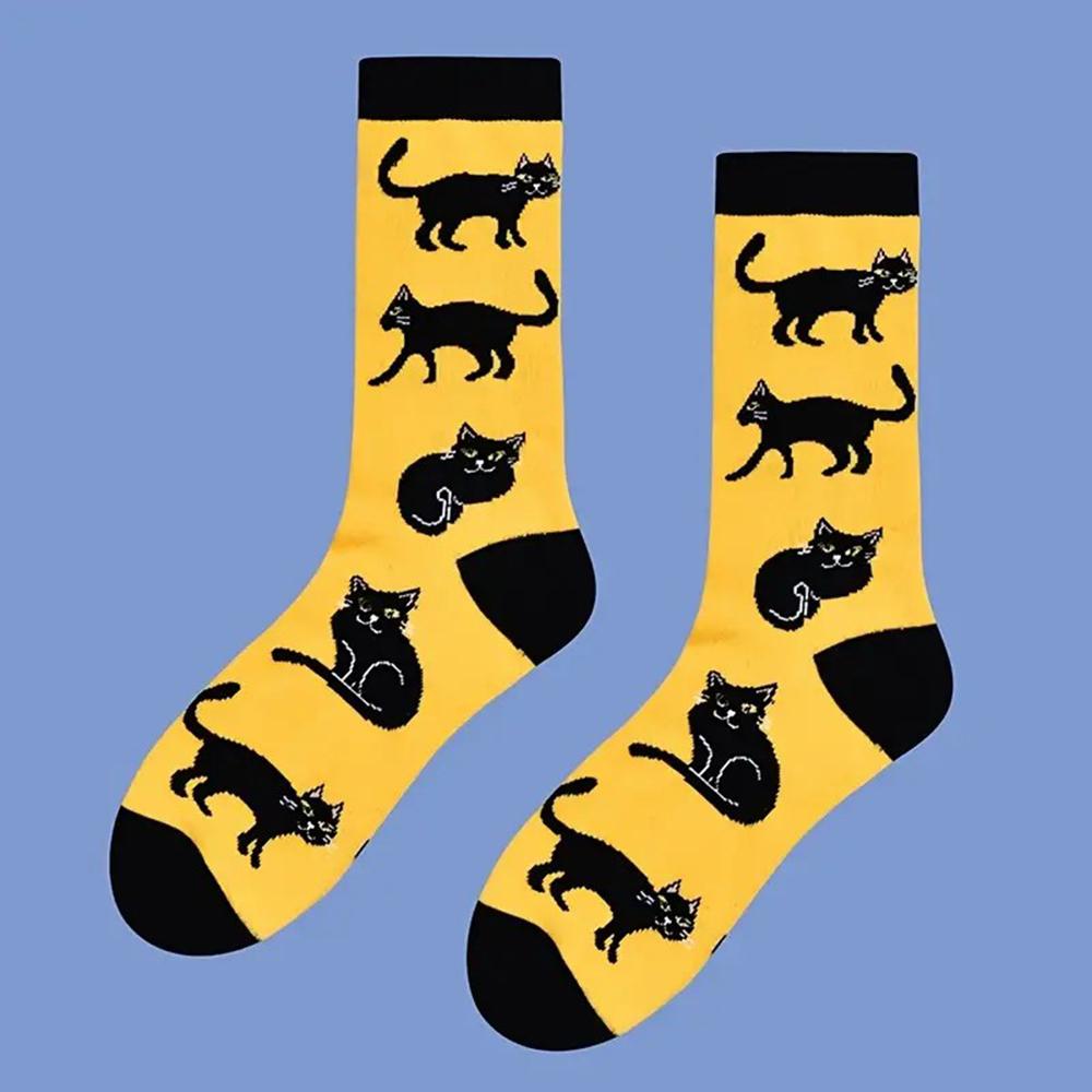 1/2 Pairs Cartoon Cat Pattern Men Cotton Mid Tube Socks Fashionable Printing Soft Comfortable Breathable Sports Leisure Socks