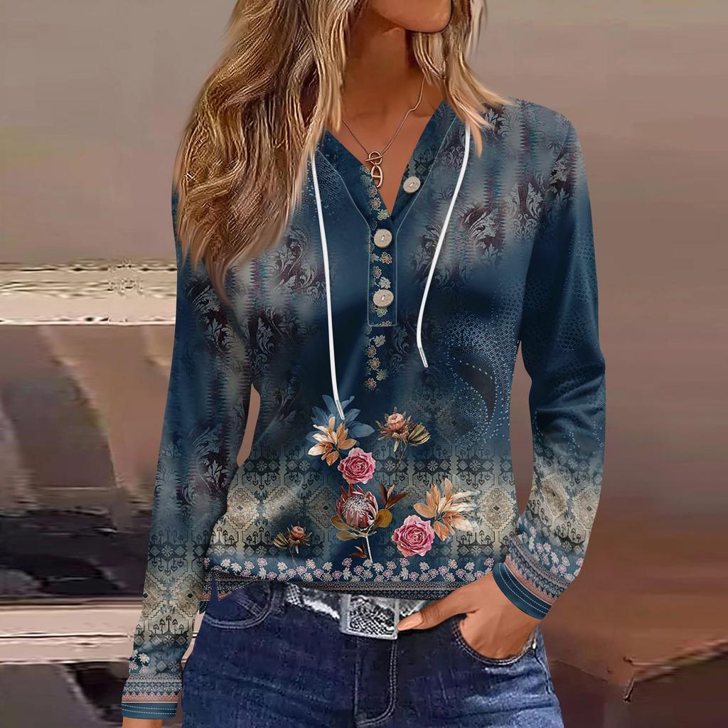 Жен. Футболка Футболка Пуговицы Цветочный принт Длинный рукав Повседневные Выходные Мода Классический Классический V-образный вырез Обычный Топ