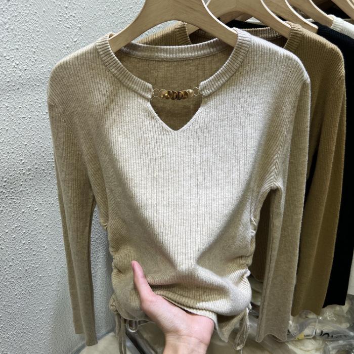 Designed Drawstring Hollow Sweater Women's Long-sleeved Autumn New Style Slim Temperament Niche Knitted Inner Top