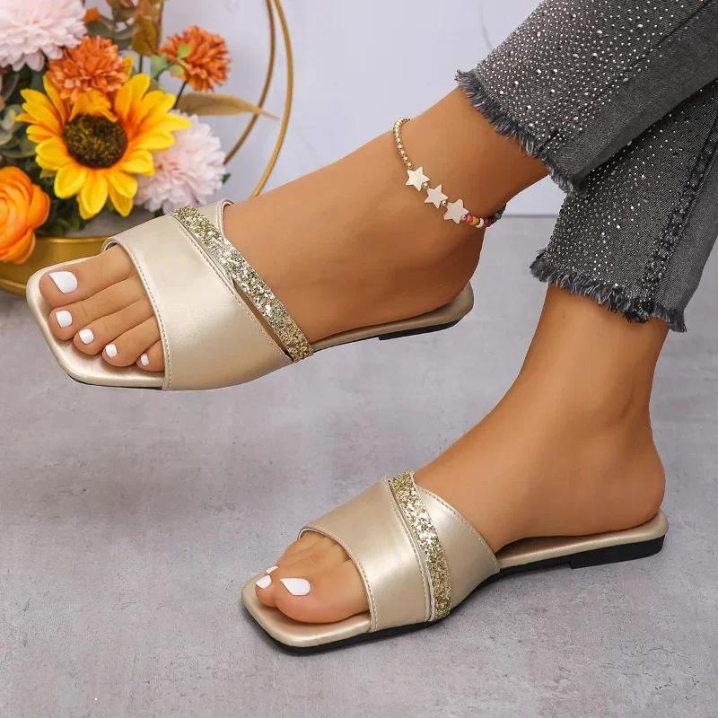 Summer New  Women Slippers Square Low Heel Shoes Fashion Brand Ladies Elegant Slides Outdoor Casual Sandals Women Sandals