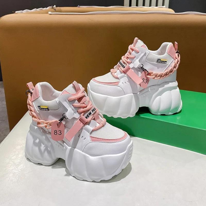 Осень Весна Женская Обувь на Платформе Клиновидный Каблук 10СМ Повседневная Обувь Увеличивающая Рост Белые Черные Кроссовки Женская Кожаная Обувь Новая