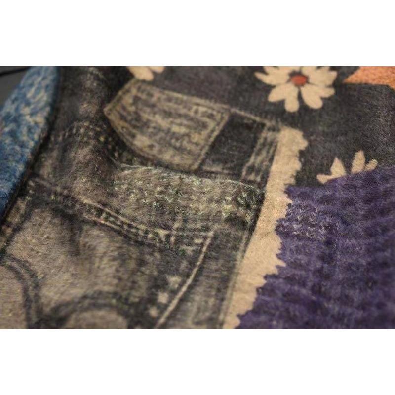 Women's Literary Retro Fall Printing Mink Cardigan Loose Thin Long-sleeved V-neck Knitted Jacket Blouse