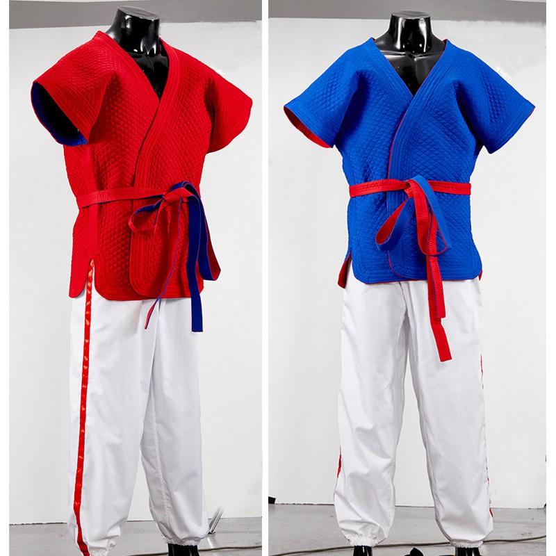 Traditional Chinese Wrestling Uniform Men - Thickened Reversible Red Blue Cotton Linen Gi With Pants