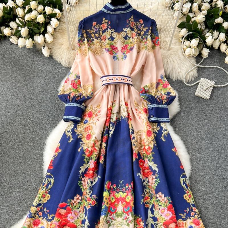 Fahison новые однобортные женские платья с принтом во французском стиле, весенне-осенние длинные платья, винтажное вечернее платье трапециевидной формы для женщин