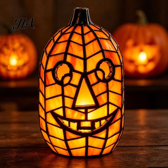 Collectable Artistic Lamp Stained Glass Pumpkin Lamp, Halloween Fall Table with Warm Glow, Decorative Shelf Display USB Powered Resin Orange