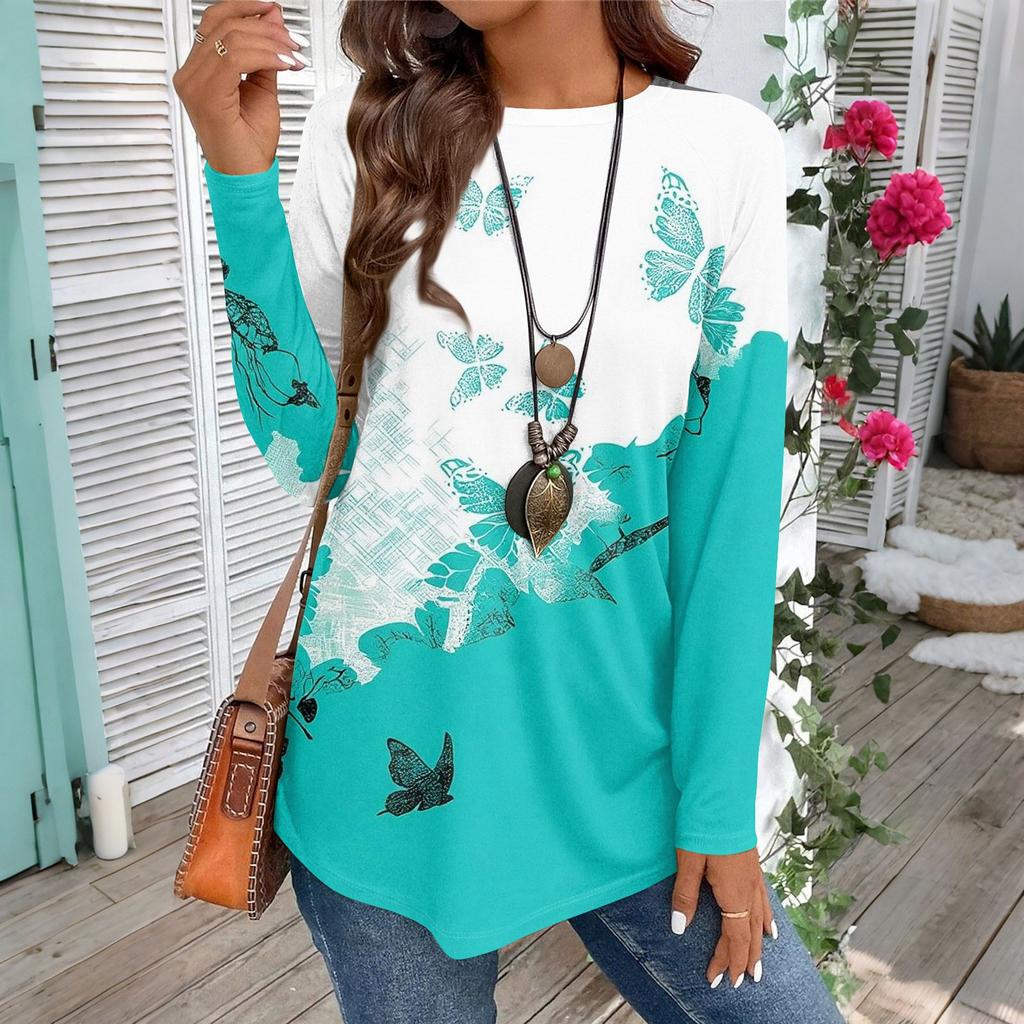Женская повседневная футболка большого размера с длинными рукавами и круглым вырезом, винтажный этнический принт, топ-пуловер
