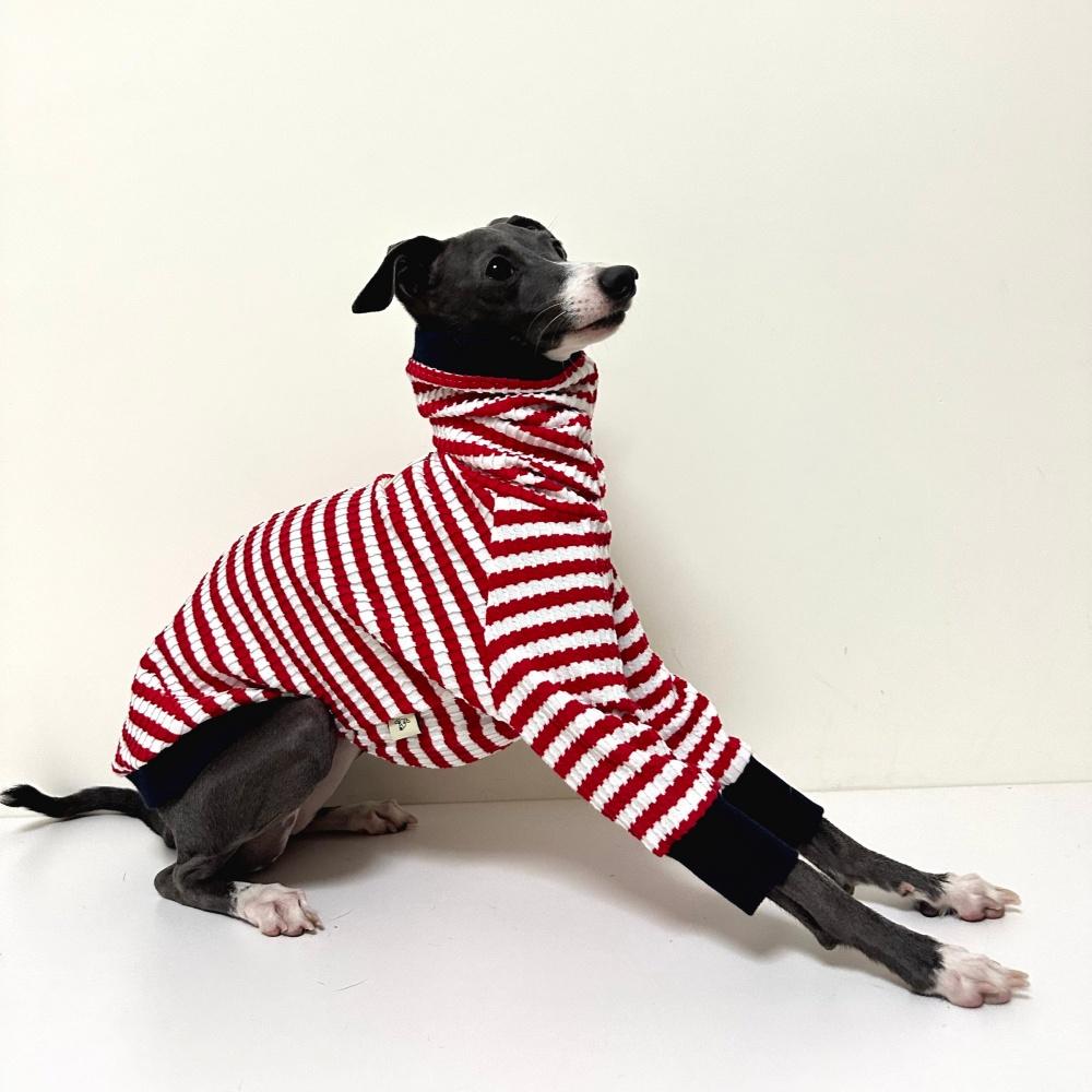 Red Striped High-Neck Spring T-Shirt for Mid Dog Elastic Cotton Long Sleeves Coat for Italy Greyhound Wellington Soft Pajamas