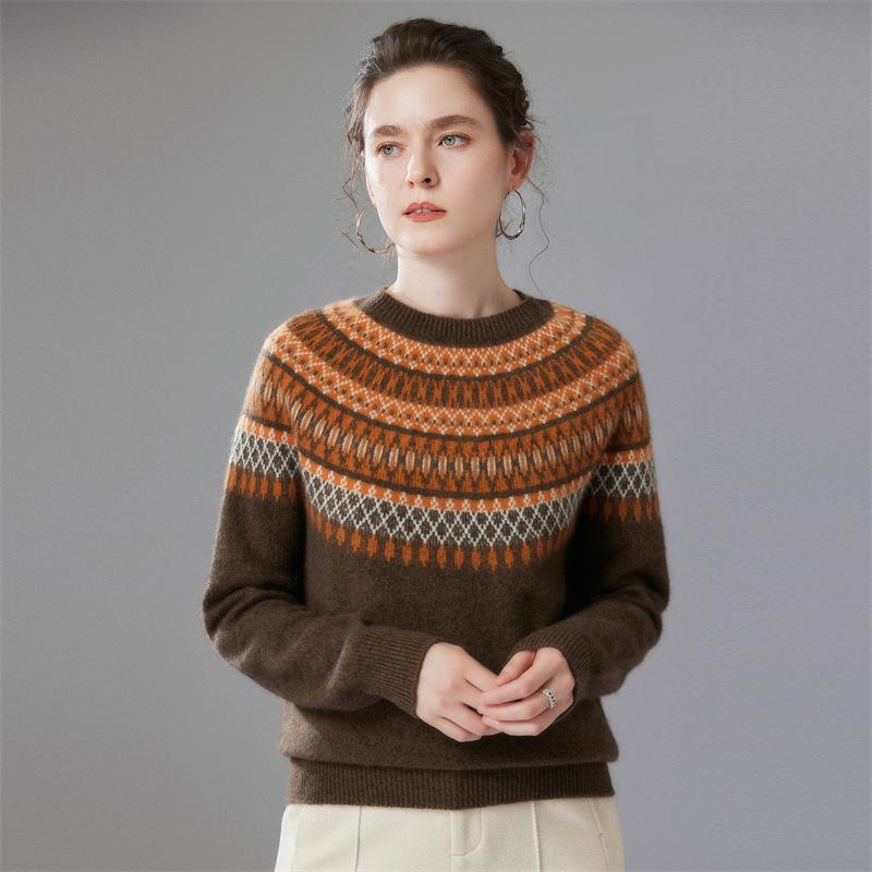 Women's Autumn/Winter 2026 Fair Isle Cashmere Sweater - Gentle Loose Fit, Round Neck Design