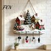 Holiday Theme Room Decor Christmas Winter Village Wooden Wall Hanging, Snow House Snowman Plaque, 4 Hook Small Accessory Organizer with Hooks
