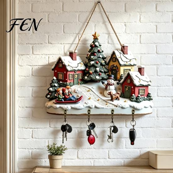Holiday Theme Room Decor Christmas Winter Village Wooden Wall Hanging, Snow House Snowman Plaque, 4 Hook Small Accessory Organizer with Hooks
