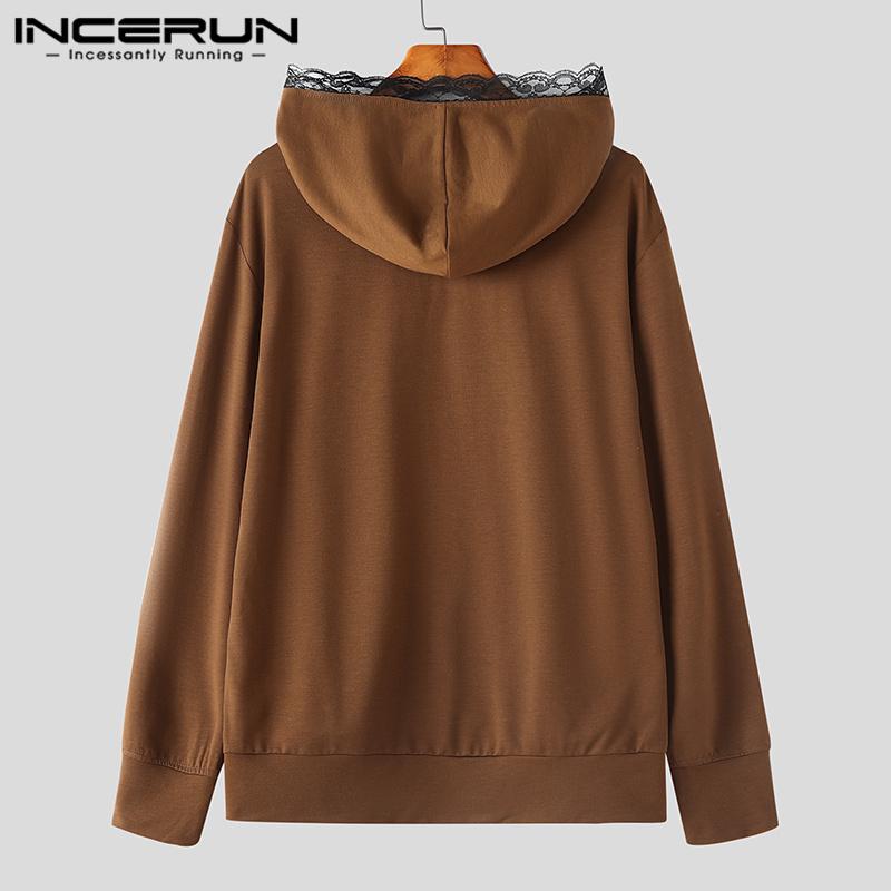 INCERUN Мужские толстовки с капюшоном с длинным рукавом и кружевным подолом, повседневные толстовки с капюшоном