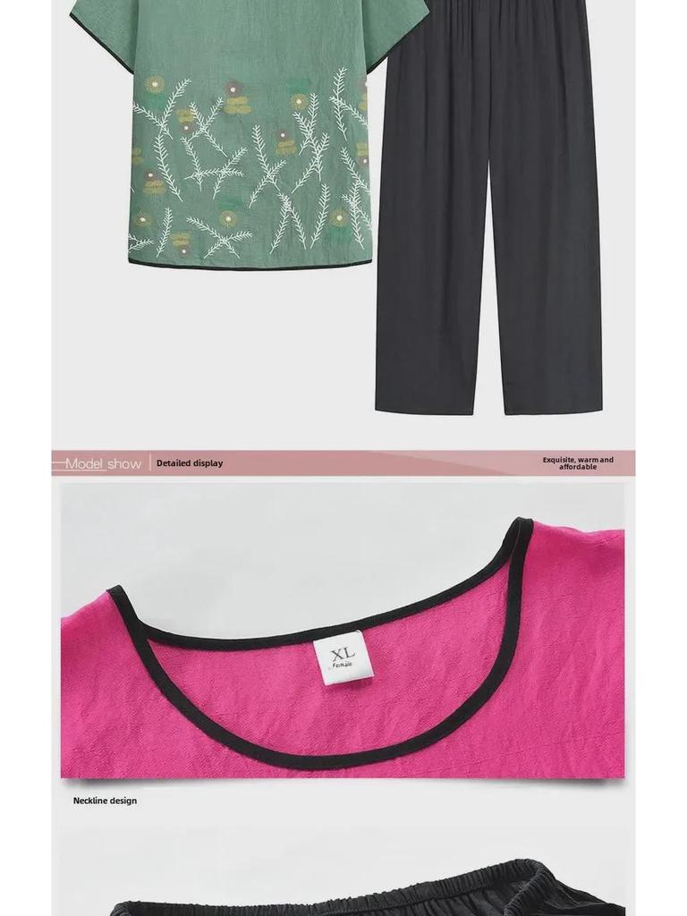 Летние двухкомпонентные топы из хлопка и льна для женщин 60-70 лет - Короткий рукав