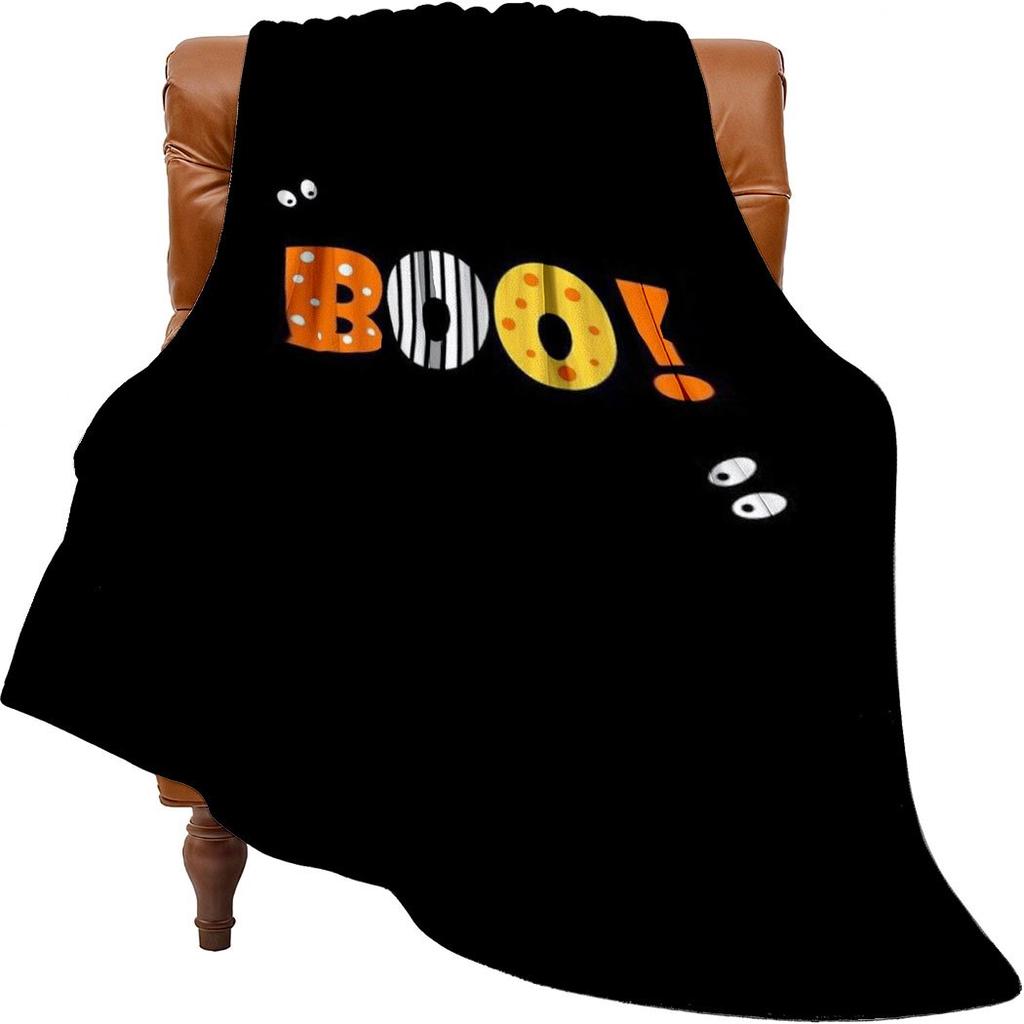 Boo Print Flannel Throw Blanket Black Fleece with Colorful Letters Soft Cozy for Home Office Sofa and Car All Season Gift
