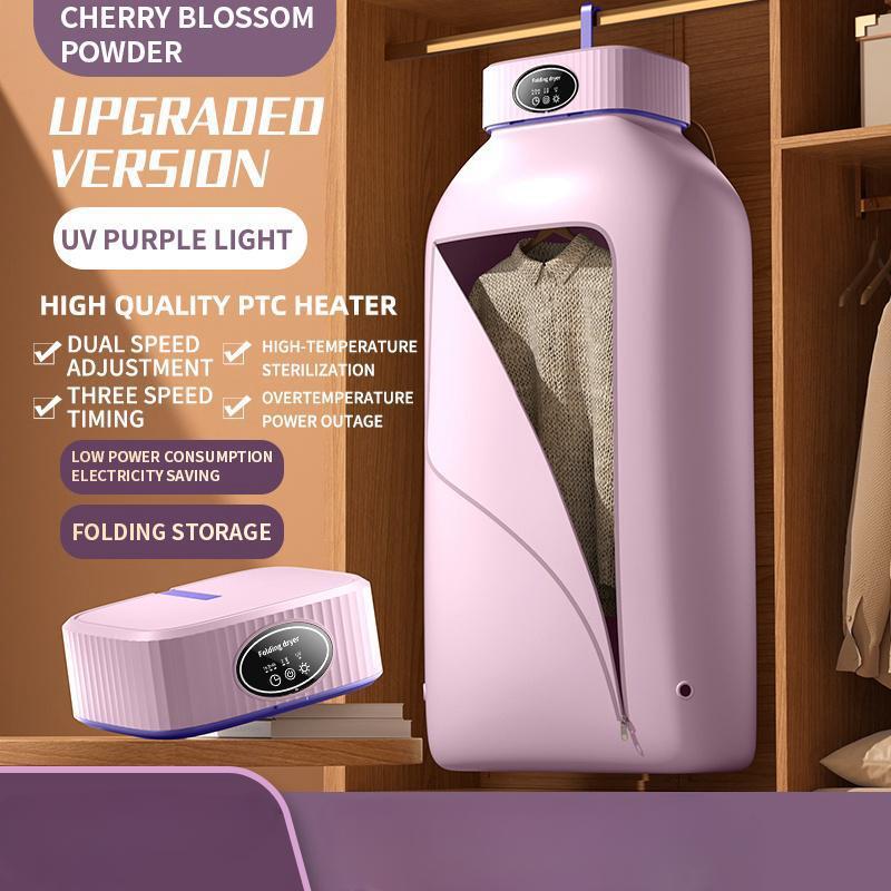 Portable electric clothes dryer featuring 360° hot air circulation, a timer function, and a foldable design.