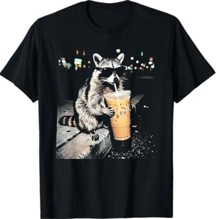 Funny Raccoon Drinking iced Coffee 100% Cotton T-shirt Mens Tees Top