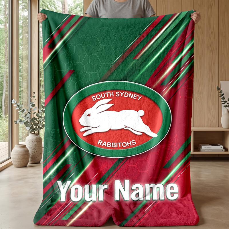 South Sydney Rabbitohs Custom Flannel Throw Blanket Print Your Name Text Soft Warm Blanket Holiday Present