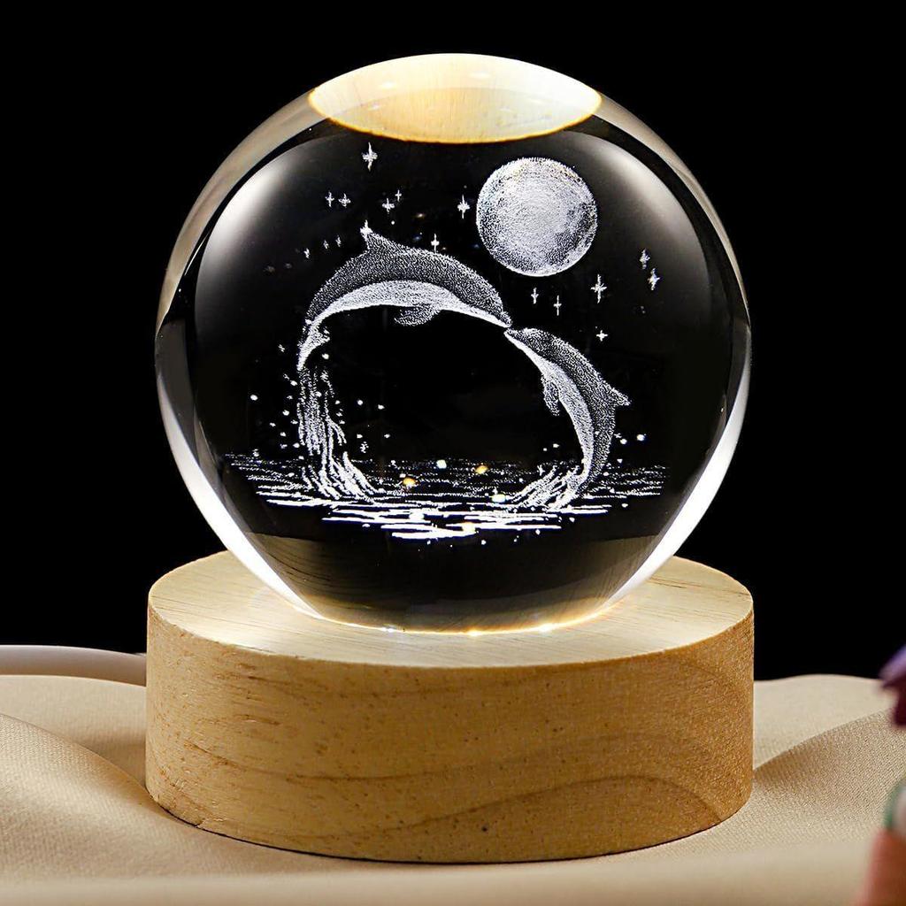 Crystal Ball Night Light Lamp with Dolphin Design Night LED Lamp with Wooden Base for Kids Room, Bedroom Home Decor, Office, Birthday