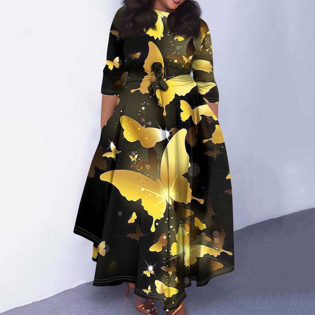 Женское повседневное модное свободное платье большого размера с цветочным принтом и круглым вырезом, рукавами три четверти, карманами и бретелями