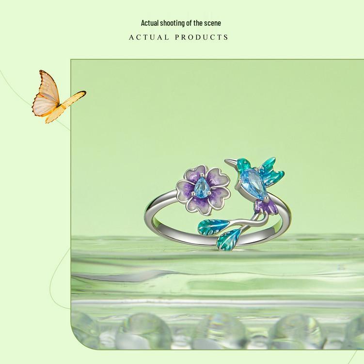 Avle Spring Bird & Flower Adjustable Open Ring - S925 Sterling Silver for Women