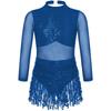 Girls Dance Costume Mesh Long Sleeve Shiny Sequins Hollow Back Patchwork Style Tassel Dress