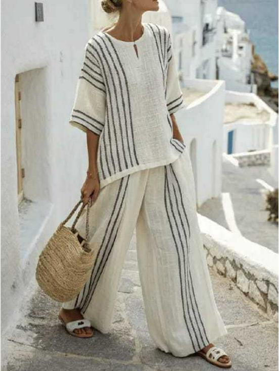 European & American Style Women's 2-Piece Set: Striped Short Sleeve Linen Cotton Top with Round Neck & Casual Pants, 2025