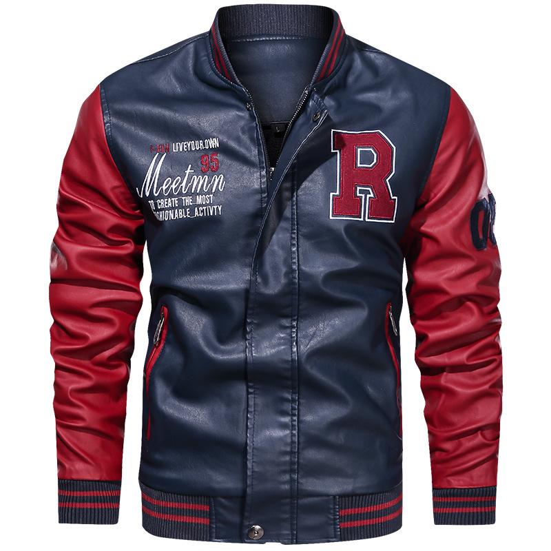 Men's High-quality Baseball Jacket, Patchwork Color Embroidered Printed PU Leather Jacket, Motorcycle Jacket, Autumn Jacket