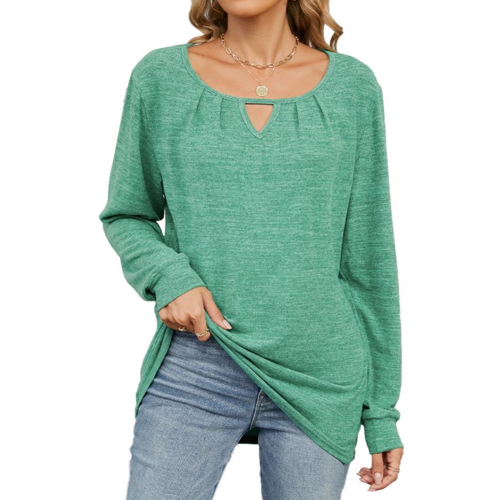 Women's Solid Color Crinkled Brushed Cutout Loose Long Sleeve T-shirt Fall Winter Casual Tops Leisure Export