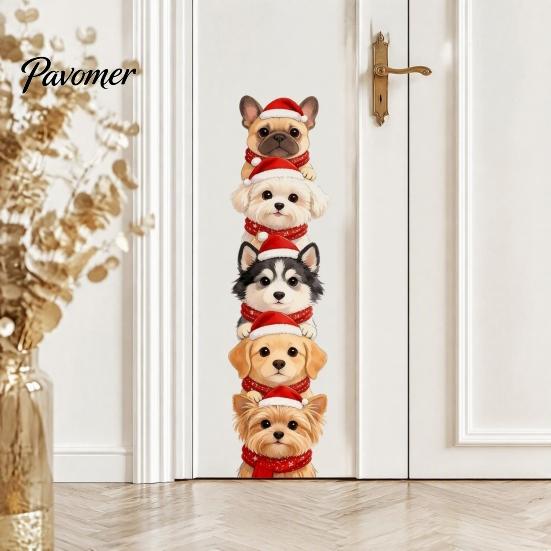 Decorative PVC Christmas Wall Art Puppy Stickers, Removable Self-adhesive Dog Decals for Walls Doors, Stacked Puppies Theme Decor with Santa Hats And