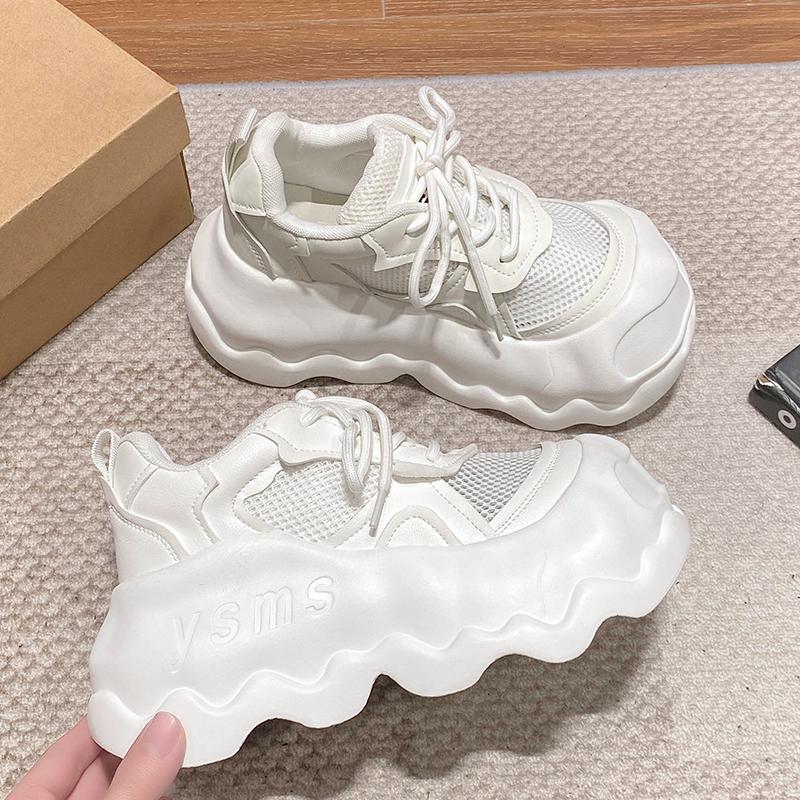 Милые кроссовки на круглой платформе для женщин из искусственной сетки, дышащие, на шнуровке, удобные, 8 см, толстые, вулканизированные туфли Zapatillas De Mujer