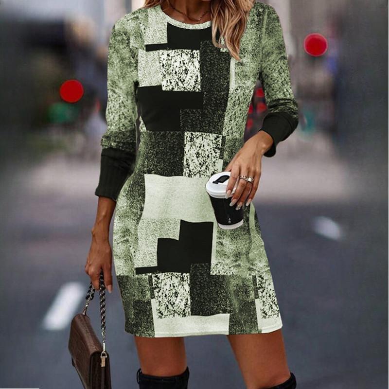 Женские осенние повседневные платья с геометрическим принтом и длинными рукавами с круглым вырезом