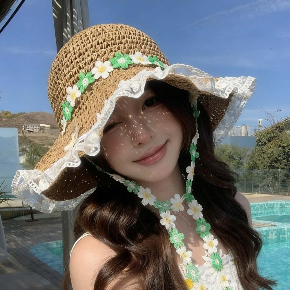 Breathable Flower Straw Hat Lace Trim Beach Hat Women Visor Bucket Hat Seaside Vacation