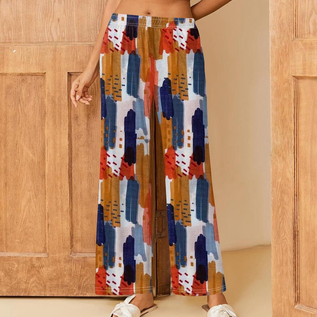 Женские повседневные брюки прямого кроя с эластичным поясом и принтом