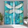 2pcs Teal Tie-Dye Curtains with Dragonfly Design – Elegant Grey to White Ombre Window Drapes   Semi-Transparent Polyester Fabric