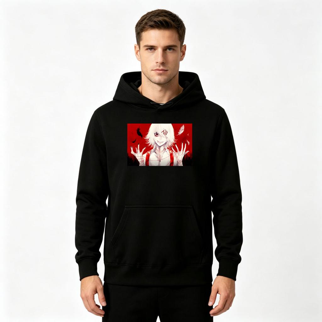 Men Anime Printed Pullover Hoodie Casual Long Sleeve Red Background Character Graphic Hooded Sweatshirt