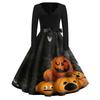 Women's Casual Halloween Printed V Neck Vintage Dress Long Sleeve Retro Fit and Flare Knee Length Dress with Belt and Halloween Pumpkin Design