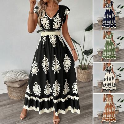 Женское летнее платье с V-образным вырезом, летящим коротким рукавом, пляжное платье с принтом, завышенная талия