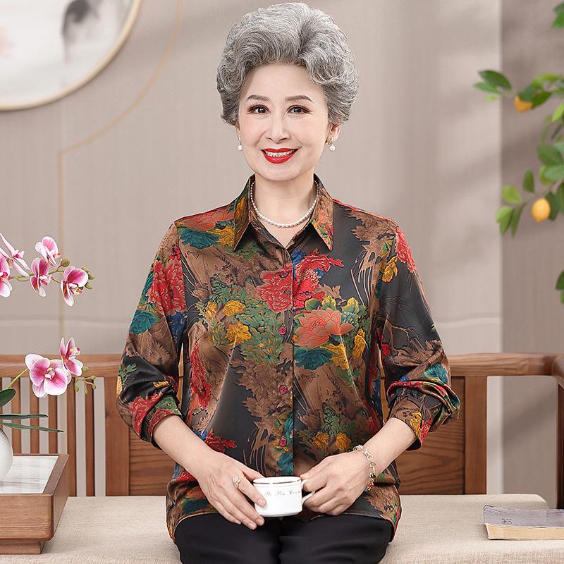 Loose Plus Size Long-Sleeved Summer Shirts for Middle-Aged and Elderly Women