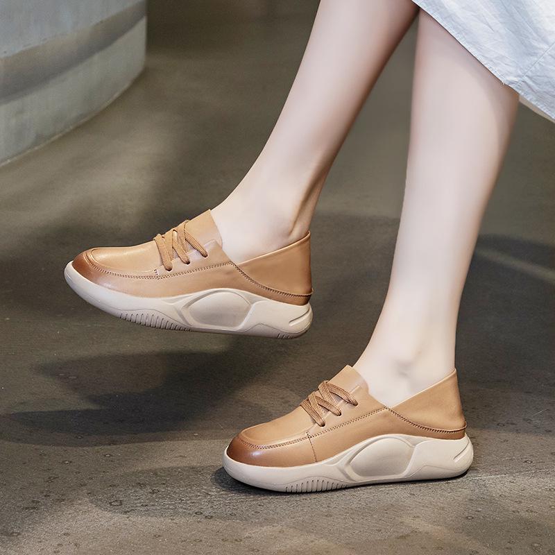 Meilaide 2025 Women's Spring Soft Leather White Lace-Up Casual Thick-Soled Round Toe Shoes