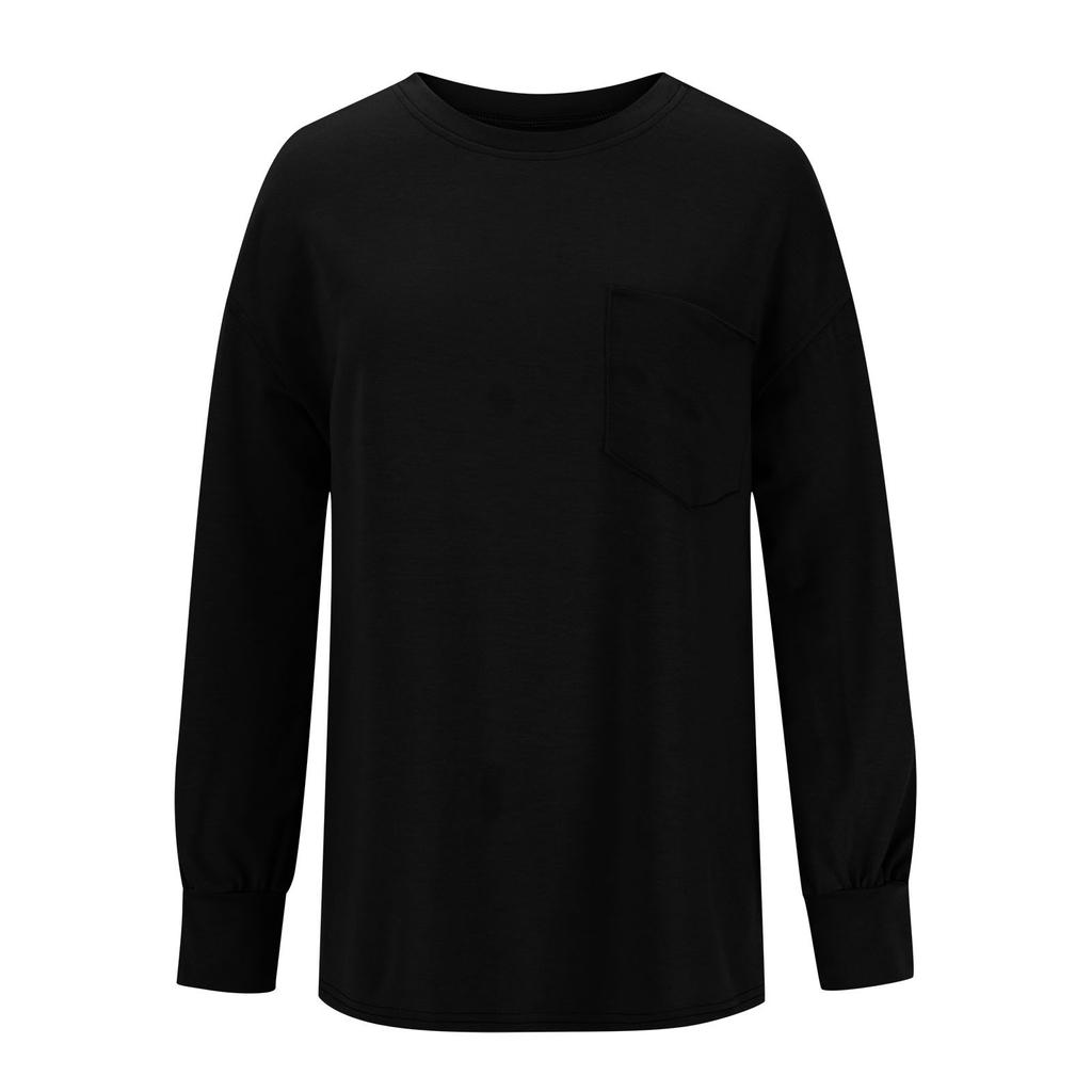 Женская модная однотонная свободная футболка с круглым вырезом и длинными рукавами и карманами